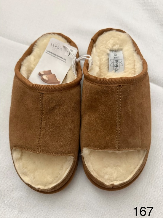 Serra Shoes - Serra Tan Suede Open-Toe Slides with Cream Shearling coZZY CASUAL WINTER BOHO